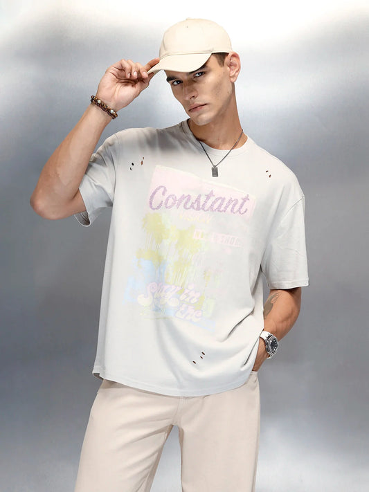 Washed Men's Casual Graphic Printed Oevrsized Fit T-Shirt | Grey