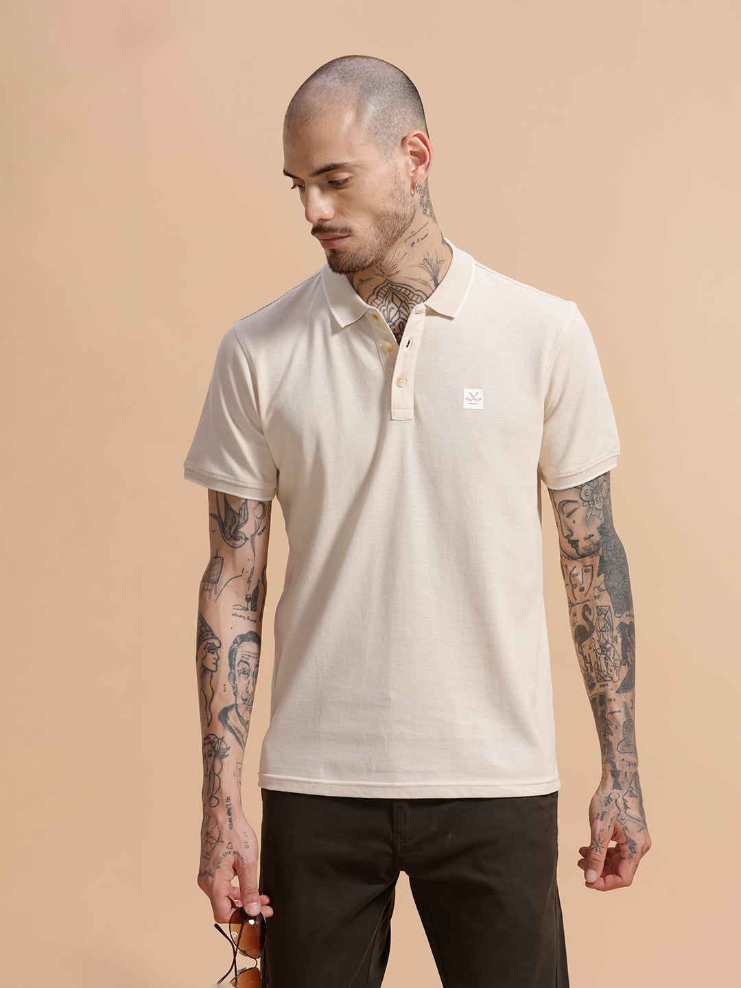 Solid Tipped Collar Polo T-Shirt | Beige
