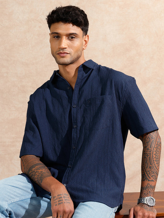 Classic Textured Short Sleeve Shirt  | Navy Blue