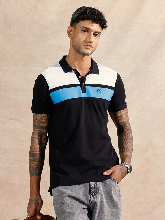 Colour Blocked Polo T-Shirt | Black
