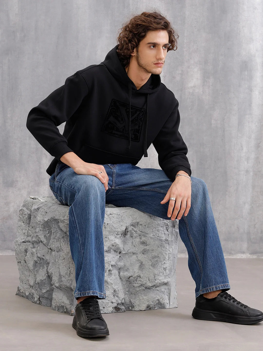 Adorned Logo In Velvet Flock Print On Oversized Hoodie Pullover | Black