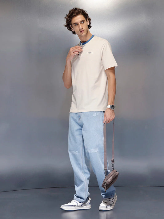 Men’s solid beige casual T-shirt with contrast crew neck | Beige