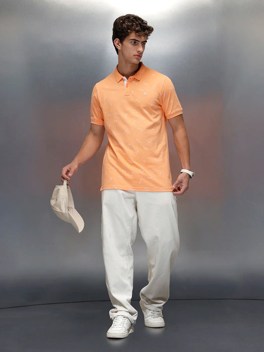Wrogn Men's Casual All-Over-Printed Polo T-shirt | Orange