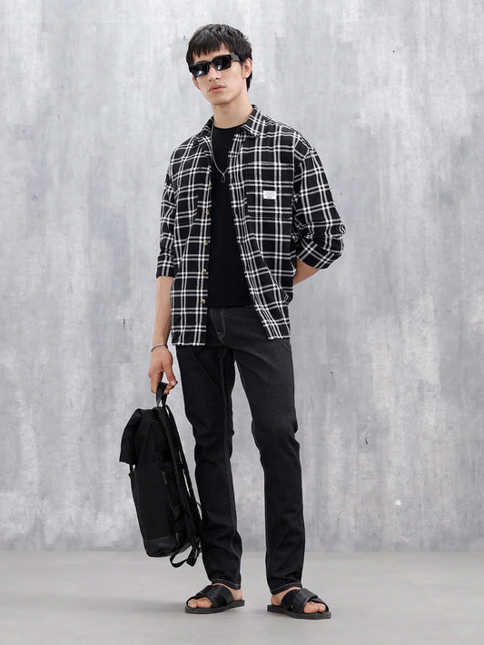 Casual Oversized Fit Checkered Pattern Shirt | Black