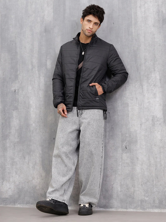 Casual Quilted Solid Bomber Jacket | Black