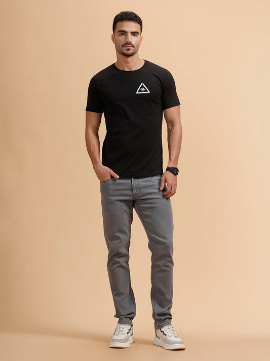 Basic Placement Print Regular Fit T-Shirt | Black