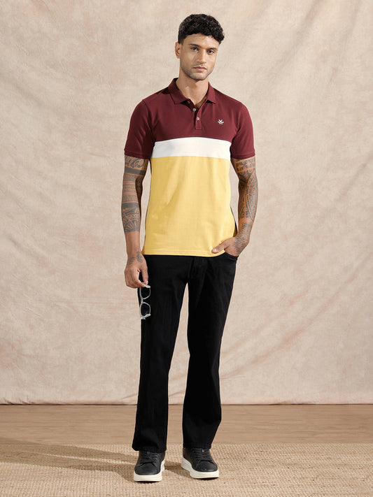 Cut & Sew Polo T-Shirt | Maroon & Yellow
