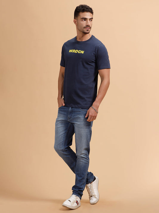 Glitched Logo Printed Slim Fit T-Shirt  | Navy Blue