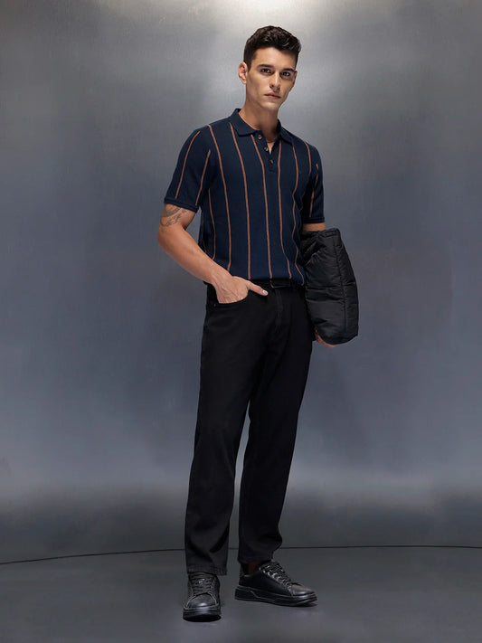 Men's casual polo t-shirt with constrast stripes | Navy Blue