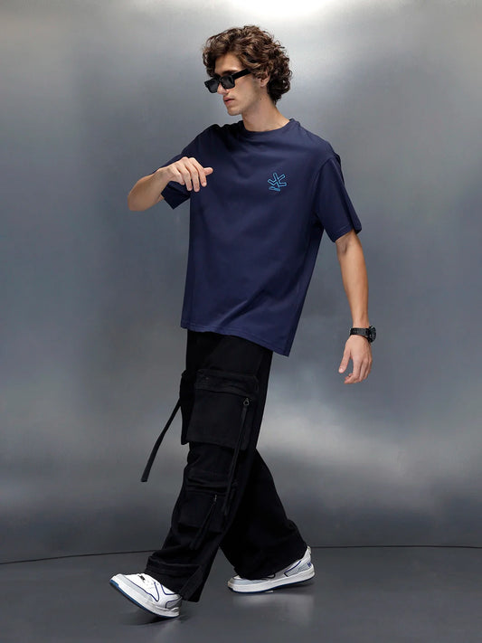 Wrogn Typography Printed Oversized T-Shirt | Navy Blue