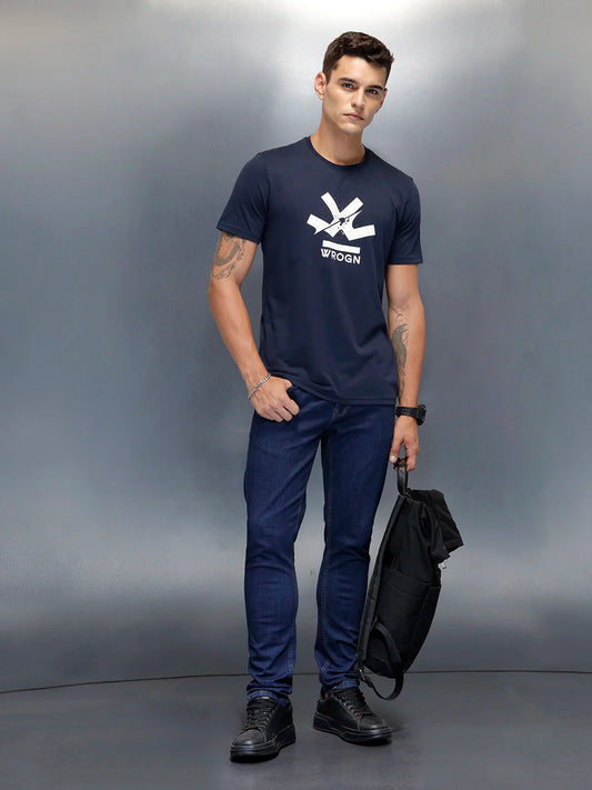 Wrogn Branded Men's Casual Regualr Fit T-Shirt | Navy Blue