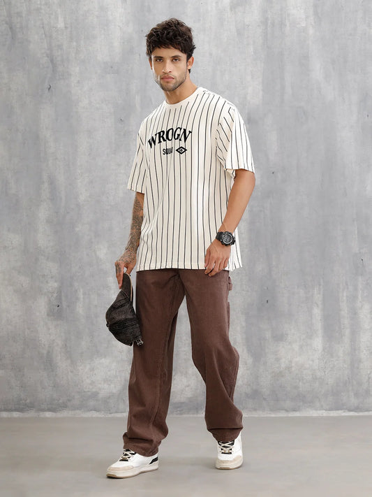 Striped Oversized Fit T-shirt With Flock Print | Beige