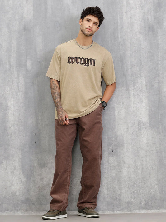 Acid Wash Oversized Fit T-shirt With Embroidery | Khaki