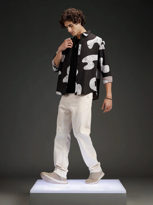 Wrogn Casual Distressed Effect Printed Shirt | Black