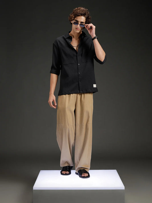 Wrogn Textured Button-Down Casual Shirt | Black