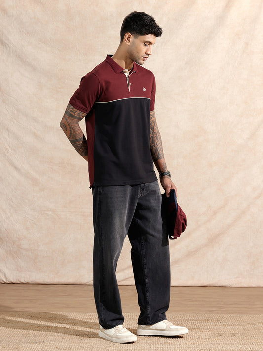 Colour Blocked Polo T-Shirt | Maroon & Black