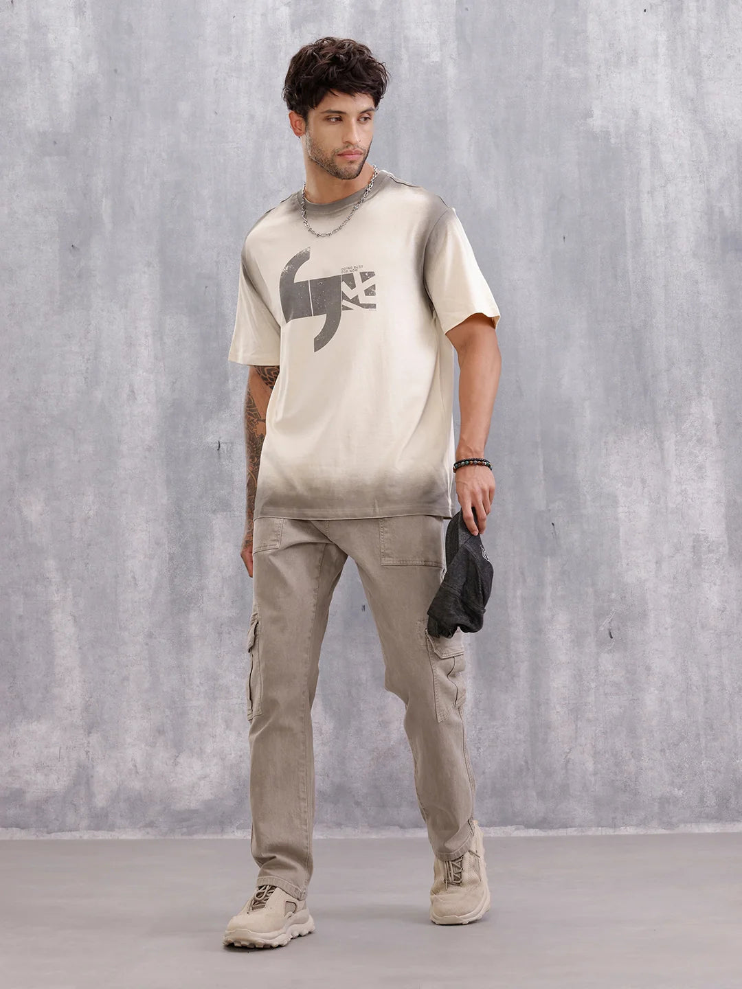 Spray Washed Effect Graphic Printed Oversized Fit T-shirt | Beige