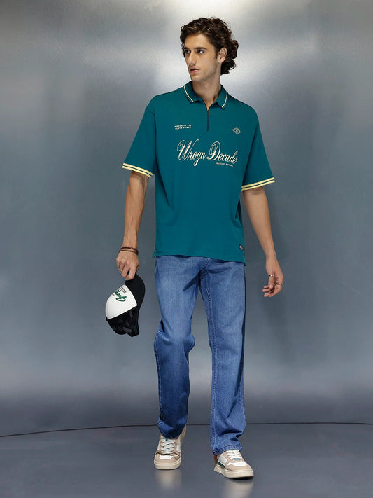 Men’s Retro Script print Zip Polo | Dark Teal