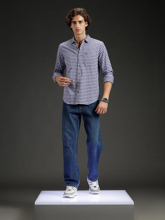 Wrogn Men's Classic Gingham Checked Shirt  | Navy Blue