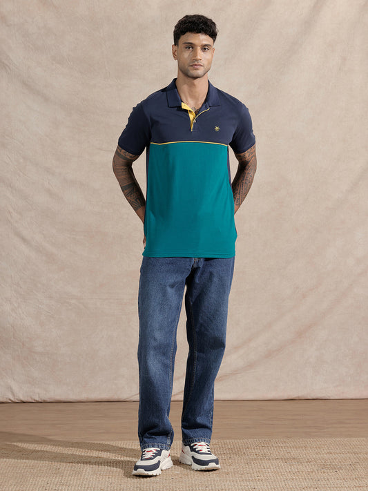 Colour Blocked Polo T-Shirt | Navy & Teal
