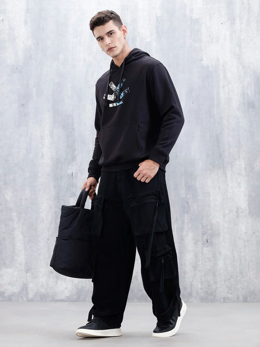 Wrogn Comfort Fit Graphic Hoodie Sweatshirt For Men | Black