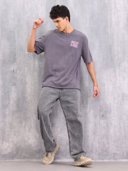 Retro Washed Oversized Fit Raw Edge T-shirt With Graphic | Grey