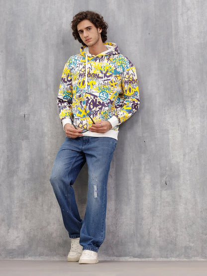 All Over Graffiti Print In Oversized Hoodie Pullover  |  Yellow