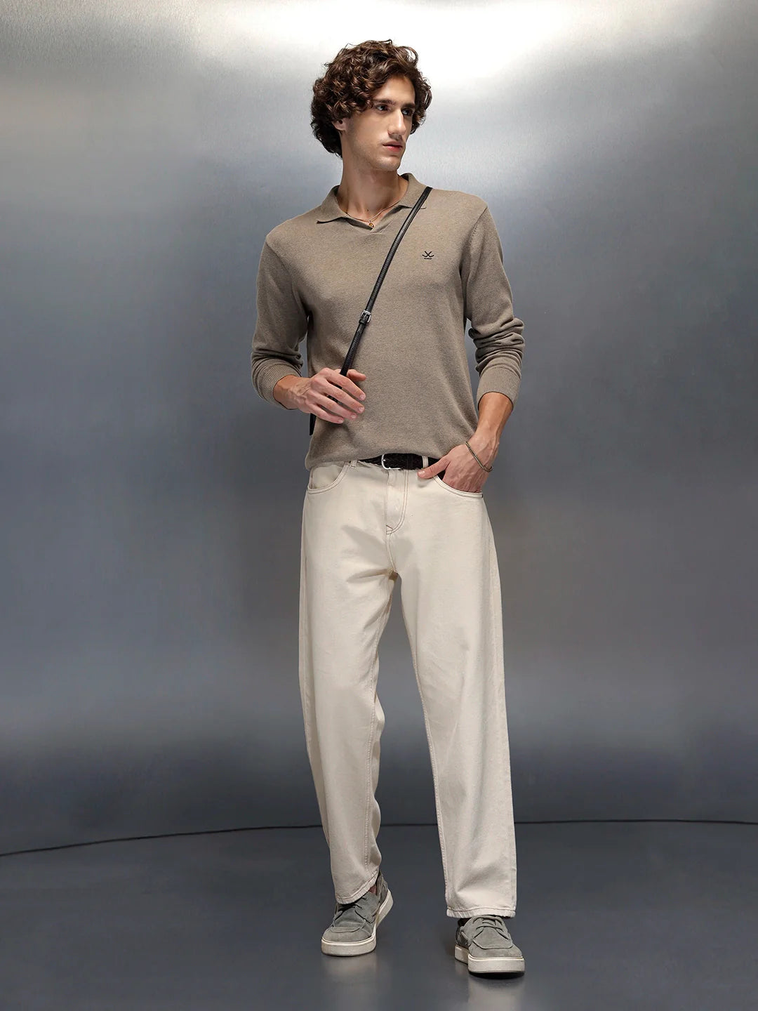 Wrogn Men's Casual Loose Fit Jeans with Contrast Stitch Detail | Khaki