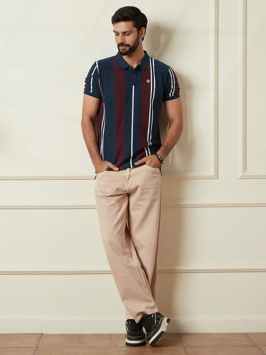 Navy Striped Slim Fit Polo T-Shirt