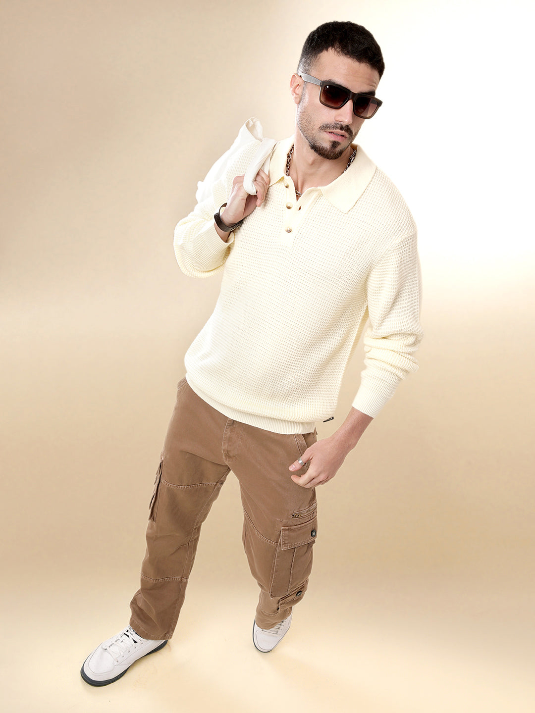 Beige Knit Polo Neck Sweater