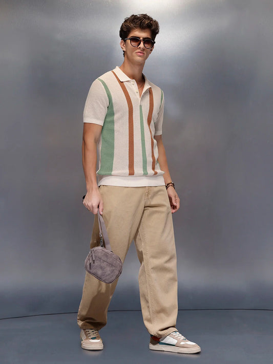 Retro Pastel Vertical Stripe Polo | Beige