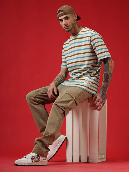 Beige Stripes Crew Neck T-Shirt