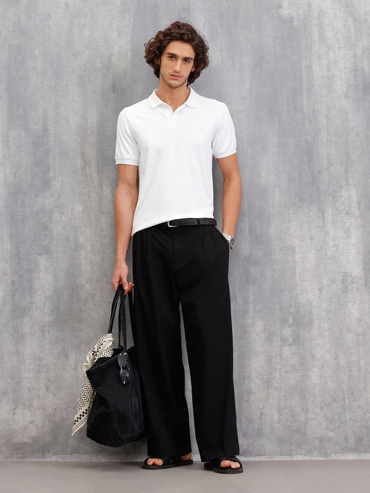 Solid Textured Slim Fit Polo T-Shirt | White