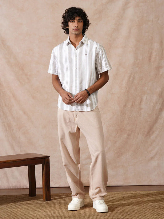 Textured Stripes Comfort Fit Shirt | Khaki