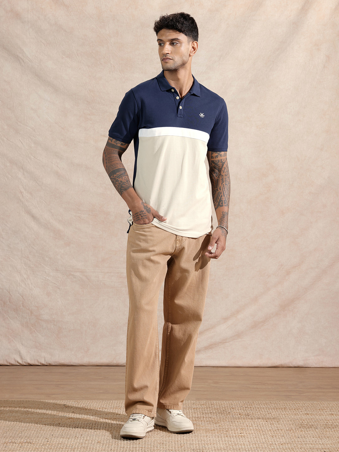 Colour Blocked Polo T-Shirt | Navy & Beige