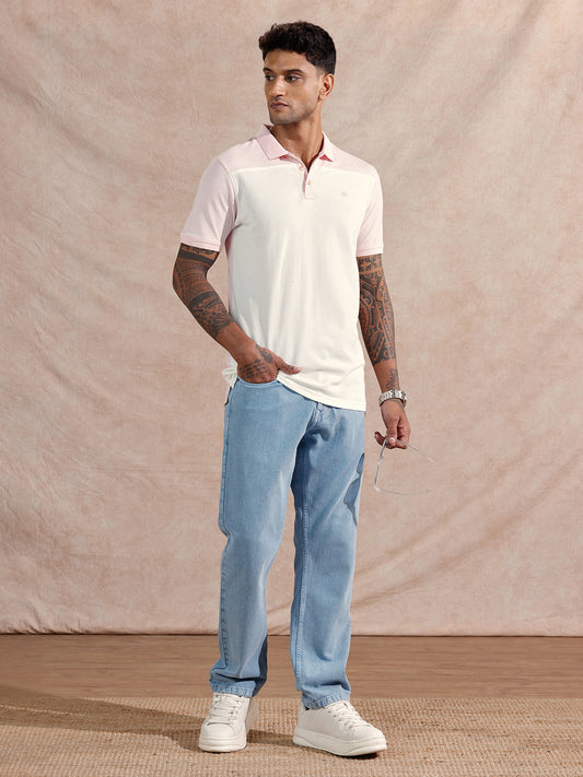 Colour Blocked Polo T-Shirt | White & Pink