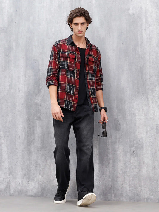 Casual Oversized Fit Checkered Pattern Shirt | Red