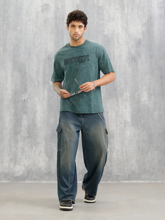 Acid Wash Oversized Fit T-shirt With Embroidery | Dark Green