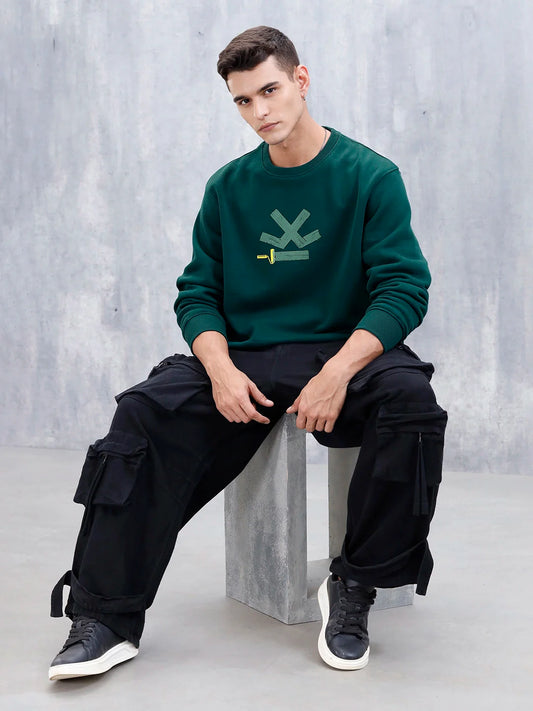 Wrogn Comfort Fit Graphic Sweatshirt For Men | Dark Green