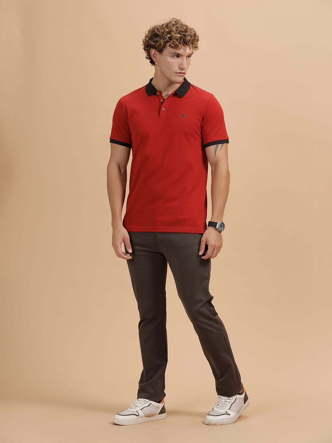 Contrast Collar Slim Fit Polo T-Shirt | Red