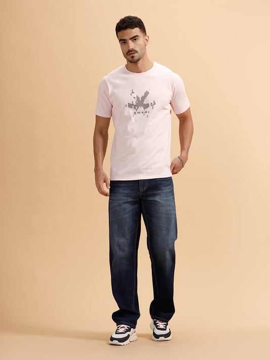 Glitched Logo Printed Slim Fit T-Shirt | Light Pink