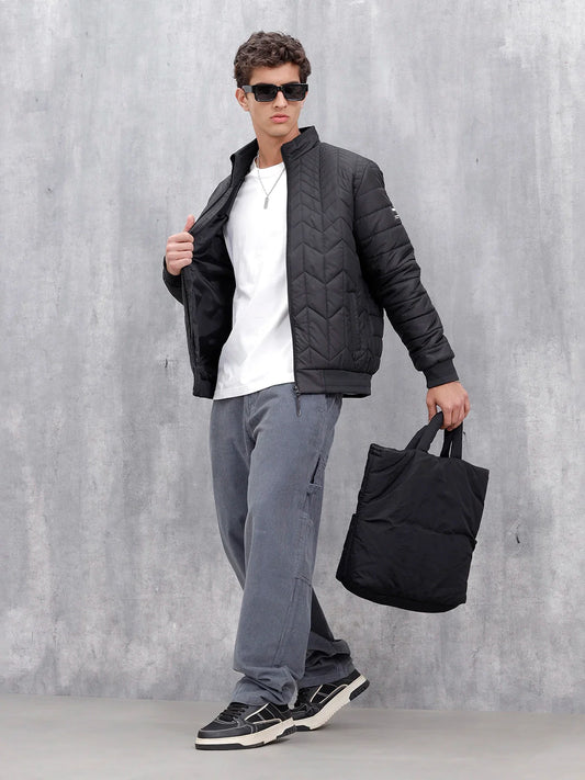 Casual Regular Fit Stand Collar Puffer Jacket | Black