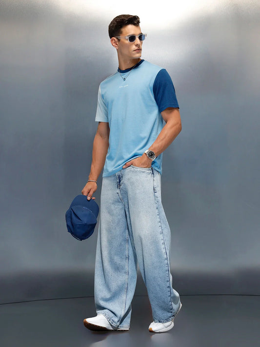Men's Casual Regular Fit Colorblock T-Shirt | Light Blue