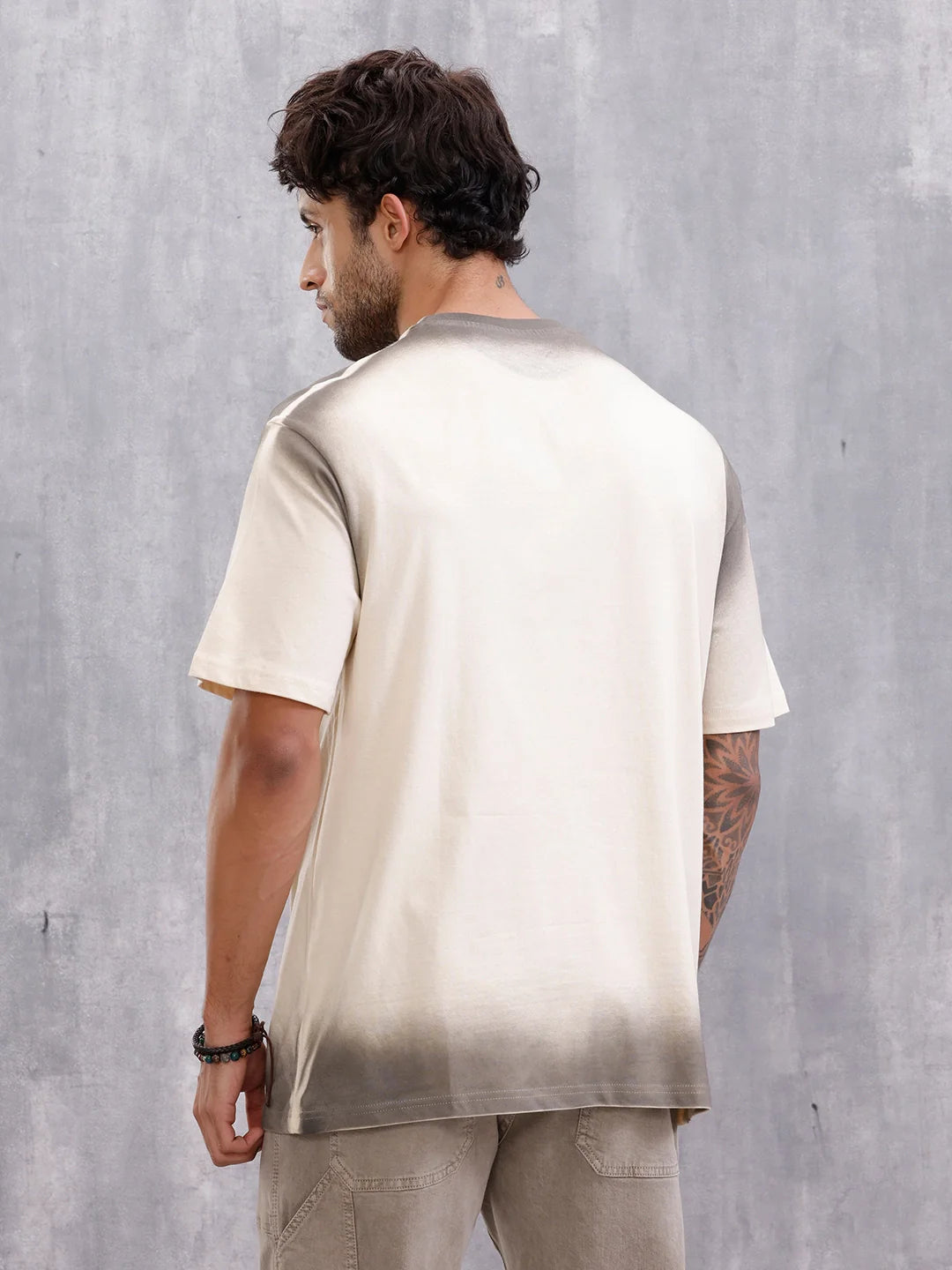 Spray Washed Effect Graphic Printed Oversized Fit T-shirt | Beige