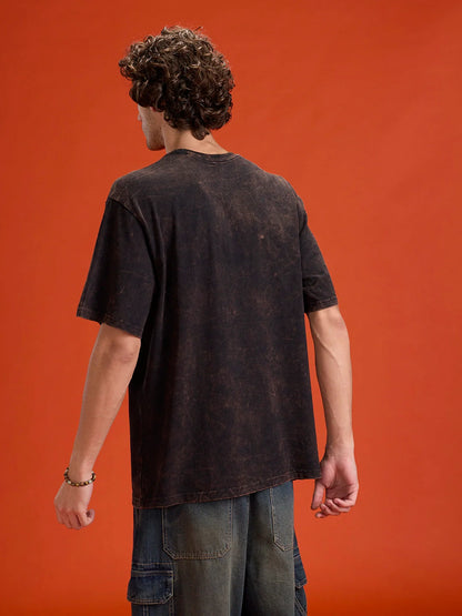 Acid Washed Retro Inspired Graphic Printed Oversized Fit T-shirt | Black