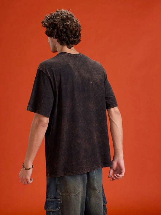 Acid Washed Retro Inspired Graphic Printed Oversized Fit T-shirt | Black