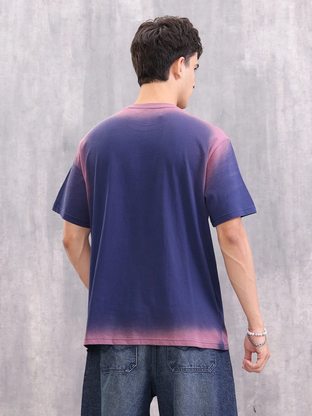 Spray Washed Effect Graphic Printed Oversized Fit T-shirt | Blue