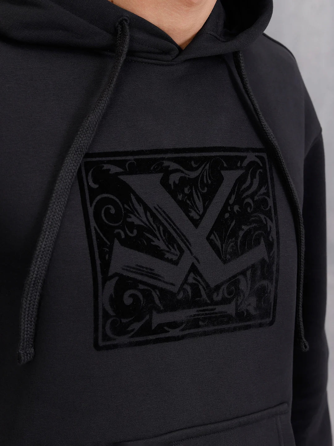 Adorned Logo In Velvet Flock Print On Oversized Hoodie Pullover | Black
