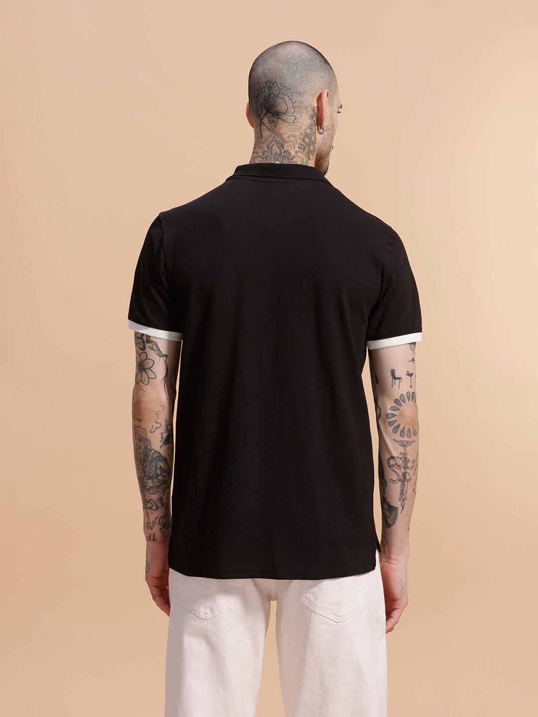 Contrast Rib Pique Polo T-Shirt | Black