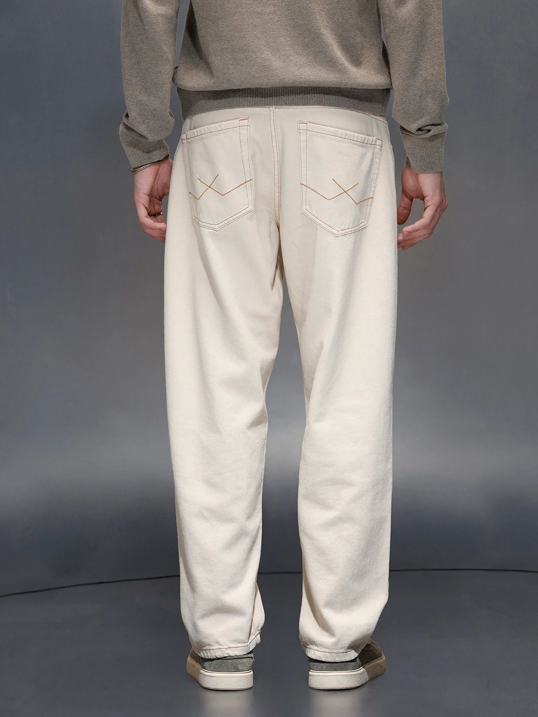 Wrogn Men's Casual Loose Fit Jeans with Contrast Stitch Detail | Khaki